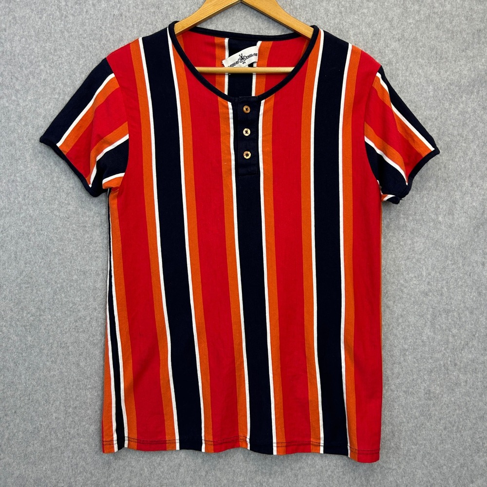 Madcap England Henley Shirt Red Orange Striped Mod Retro Granddad Mens Size M